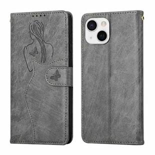 For iPhone 13 Beauty Girl Embossing Pattern Horizontal Flip Leather Case with Holder & Card Slot & Wallet & Photo Frame(Grey)