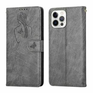 For iPhone 12 / 12 Pro Beauty Girl Embossing Pattern Horizontal Flip Leather Case with Holder & Card Slot & Wallet & Photo Frame(Grey)