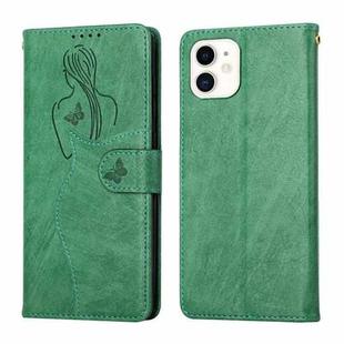 For iPhone 11 Beauty Girl Embossing Pattern Horizontal Flip Leather Case with Holder & Card Slot & Wallet & Photo Frame (Green)