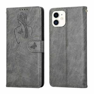 For iPhone 11 Beauty Girl Embossing Pattern Horizontal Flip Leather Case with Holder & Card Slot & Wallet & Photo Frame (Grey)