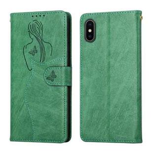 Beauty Girl Embossing Pattern Horizontal Flip Leather Case with Holder & Card Slot & Wallet & Photo Frame For iPhone X / XS(Green)