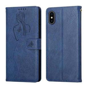 Beauty Girl Embossing Pattern Horizontal Flip Leather Case with Holder & Card Slot & Wallet & Photo Frame For iPhone X / XS(Blue)