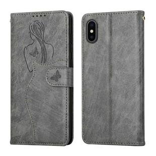 Beauty Girl Embossing Pattern Horizontal Flip Leather Case with Holder & Card Slot & Wallet & Photo Frame For iPhone X / XS(Grey)
