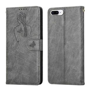 Beauty Girl Embossing Pattern Horizontal Flip Leather Case with Holder & Card Slot & Wallet & Photo Frame For iPhone 8 Plus / 7 Plus(Grey)
