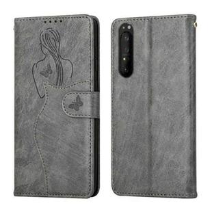 For Sony Xperia 1 III Beauty Girl Embossing Pattern Horizontal Flip Leather Case with Holder & Card Slot & Wallet & Photo Frame(Gray)