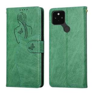 For Google Pixel 5 XL / Pixel 4a Beauty Girl Embossing Pattern Horizontal Flip Leather Case with Holder & Card Slot & Wallet & Photo Frame(Green)