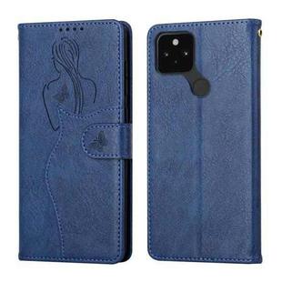 For Google Pixel 5 XL / Pixel 4a Beauty Girl Embossing Pattern Horizontal Flip Leather Case with Holder & Card Slot & Wallet & Photo Frame(Blue)