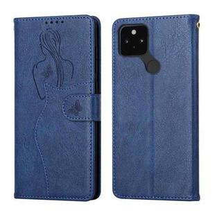 For Google Pixel 5a Beauty Girl Embossing Pattern Horizontal Flip Leather Case with Holder & Card Slot & Wallet & Photo Frame(Blue)