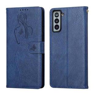 For Samsung Galaxy S21 5G Beauty Girl Embossing Pattern Horizontal Flip Leather Case with Holder & Card Slot & Wallet & Photo Frame(Blue)