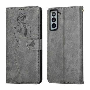 For Samsung Galaxy S21 5G Beauty Girl Embossing Pattern Horizontal Flip Leather Case with Holder & Card Slot & Wallet & Photo Frame(Grey)