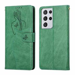 For Samsung Galaxy S21 Ultra 5G Beauty Girl Embossing Pattern Horizontal Flip Leather Case with Holder & Card Slot & Wallet & Photo Frame(Green)