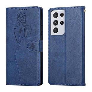 For Samsung Galaxy S21 Ultra 5G Beauty Girl Embossing Pattern Horizontal Flip Leather Case with Holder & Card Slot & Wallet & Photo Frame(Blue)