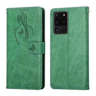 For Samsung Galaxy S20 Ultra Beauty Girl Embossing Pattern Horizontal Flip Leather Case with Holder & Card Slot & Wallet & Photo Frame(Green)