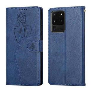 For Samsung Galaxy S20 Ultra Beauty Girl Embossing Pattern Horizontal Flip Leather Case with Holder & Card Slot & Wallet & Photo Frame(Blue)
