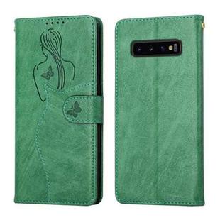 For Samsung Galaxy S10 Beauty Girl Embossing Pattern Horizontal Flip Leather Case with Holder & Card Slot & Wallet & Photo Frame(Green)