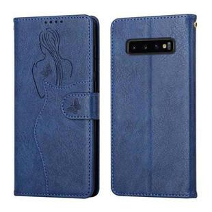 For Samsung Galaxy S10 Beauty Girl Embossing Pattern Horizontal Flip Leather Case with Holder & Card Slot & Wallet & Photo Frame(Blue)