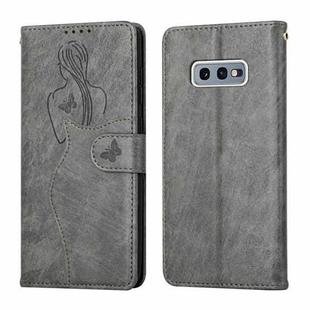 For Samsung Galaxy S10e Beauty Girl Embossing Pattern Horizontal Flip Leather Case with Holder & Card Slot & Wallet & Photo Frame(Grey)