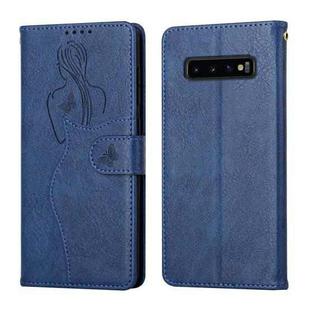 For Samsung Galaxy S10+ Beauty Girl Embossing Pattern Horizontal Flip Leather Case with Holder & Card Slot & Wallet & Photo Frame(Blue)