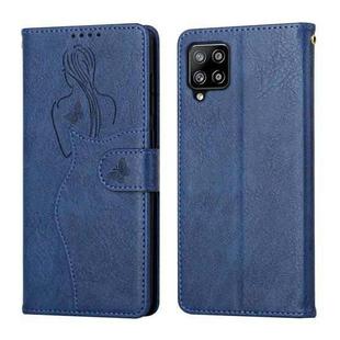For Samsung Galaxy M32 4G Beauty Girl Embossing Pattern Horizontal Flip Leather Case with Holder & Card Slot & Wallet & Photo Frame(Blue)