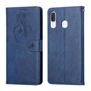 For Samsung Galaxy A40 Beauty Girl Embossing Pattern Horizontal Flip Leather Case with Holder & Card Slot & Wallet & Photo Frame(Blue)