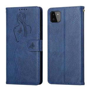 For Samsung Galaxy A22 5G Beauty Girl Embossing Pattern Horizontal Flip Leather Case with Holder & Card Slot & Wallet & Photo Frame(Blue)