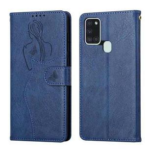 For Samsung Galaxy A21s Beauty Girl Embossing Pattern Horizontal Flip Leather Case with Holder & Card Slot & Wallet & Photo Frame(Blue)