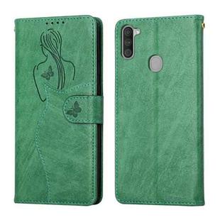 For Samsung Galaxy A11 Beauty Girl Embossing Pattern Horizontal Flip Leather Case with Holder & Card Slot & Wallet & Photo Frame(Green)