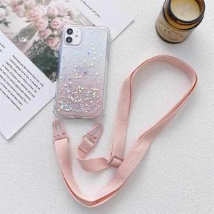 For iPhone 12 / 12 Pro Gradient Glitter Powder Epoxy TPU Thickened Acrylic Shockproof Case with Wide Neck Lanyard(Pink)