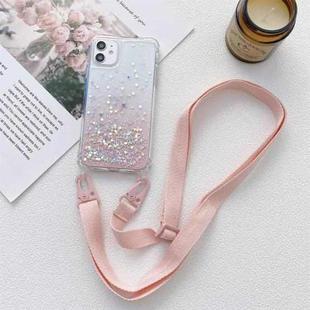 For iPhone 12 Pro Max Gradient Glitter Powder Epoxy TPU Thickened Acrylic Shockproof Case with Wide Neck Lanyard(Pink)