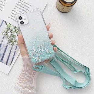 For iPhone 11 Pro Gradient Glitter Powder Epoxy TPU Thickened Acrylic Shockproof Case with Wide Neck Lanyard (Glacier Blue)