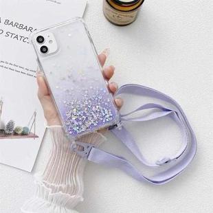 For iPhone 11 Pro Gradient Glitter Powder Epoxy TPU Thickened Acrylic Shockproof Case with Wide Neck Lanyard (Purple)