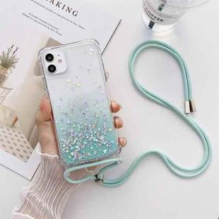 For iPhone 13 Gradient Glitter Powder Epoxy TPU Thickened Acrylic Shockproof Case with Round Neck Lanyard(Glacier Blue)