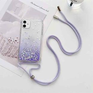For iPhone 13 Pro Gradient Glitter Powder Epoxy TPU Thickened Acrylic Shockproof Case with Round Neck Lanyard (Purple)