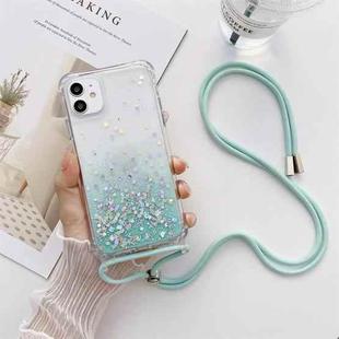 For iPhone 11 Pro Gradient Glitter Powder Epoxy TPU Thickened Acrylic Shockproof Case with Round Neck Lanyard (Glacier Blue)