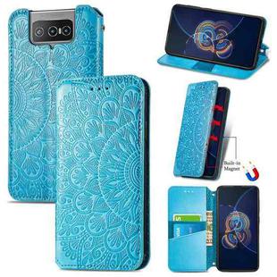 For Asus Zenfone 8 Flip Blooming Mandala Embossed Pattern Magnetic Horizontal Flip Leather Case with Holder & Card Slots & Wallet(Blue)