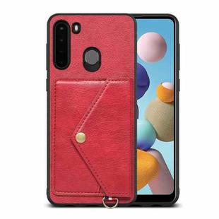 For Samsung Galaxy A21 EU Version Litchi Texture Silicone + PC + PU Leather Back Cover Shockproof Case with Card Slot(Red)