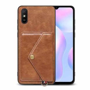 For Xiaomi Redmi 9A Litchi Texture Silicone + PC + PU Leather Back Cover Shockproof Case with Card Slot(Brown)