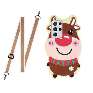 For Samsung Galaxy S21 Ultra 5G Christmas Series Silicone Shockproof Case with Neck Lanyard(Elk)