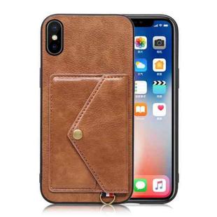 For iPhone X / XS Litchi Texture Silicone + PC + PU Leather Back Cover Shockproof Case with Card Slot(Brown)