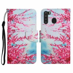 For Samsung Galaxy A21 Painted Pattern Horizontal Flip Leather Case with Holder & Card Slot & Wallet(Red Cherry Blossoms)