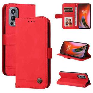 For OnePlus Nord 2 5G Skin Feel Life Tree Metal Button Horizontal Flip Leather Case with Holder & Card Slot & Wallet & Photo Frame & Strap(Red)