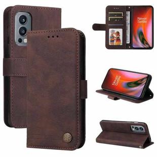 For OnePlus Nord 2 5G Skin Feel Life Tree Metal Button Horizontal Flip Leather Case with Holder & Card Slot & Wallet & Photo Frame & Strap(Brown)