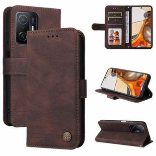 For Xiaomi Mi 11T Pro / Mi 11T Skin Feel Life Tree Metal Button Horizontal Flip Leather Case with Holder & Card Slot & Wallet & Photo Frame & Strap(Brown)