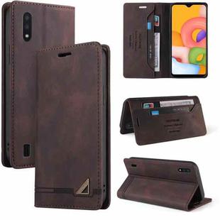 For Samsung Galaxy A01 Skin Feel Anti-theft Brush Horizontal Flip Leather Case with Holder & Card Slots & Wallet(Brown)