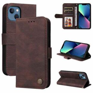 For iPhone 13 Skin Feel Life Tree Metal Button Horizontal Flip Leather Case with Holder & Card Slot & Wallet & Photo Frame & Strap(Brown)