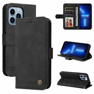 For iPhone 13 Pro Skin Feel Life Tree Metal Button Horizontal Flip Leather Case with Holder & Card Slot & Wallet & Photo Frame & Strap (Black)