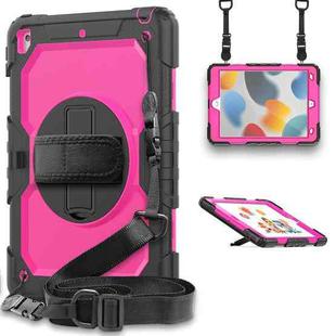 For iPad 10.2 2021 / 2020 / 2019 Shockproof Silicone + PC Protective Case with Holder & Shoulder Strap & Pen Slot(Black + Rose Red)