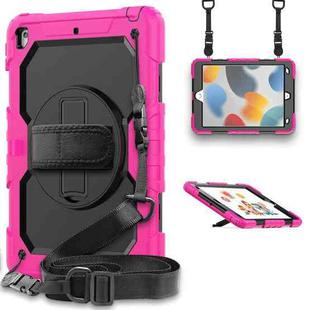 For iPad 10.2 2021 / 2020 / 2019 Shockproof Silicone + PC Protective Case with Holder & Shoulder Strap & Pen Slot(Rose Red)