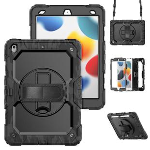 For iPad 10.2 2021 / 2020 / 2019 Shockproof Silicone + PC Protective Case with Holder & Shoulder Strap & Pen Slot(Black Camouflage)