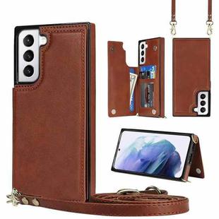 For Samsung Galaxy S21 5G Cross-body Square Double Buckle Flip Card Bag TPU+PU Case with Card Slots & Wallet & Photo & Strap(Brown)